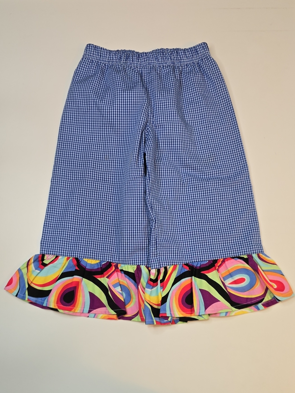 Potato Saks Blue Gingham Wide-Leg Pants with Colorful Ruffle Hem